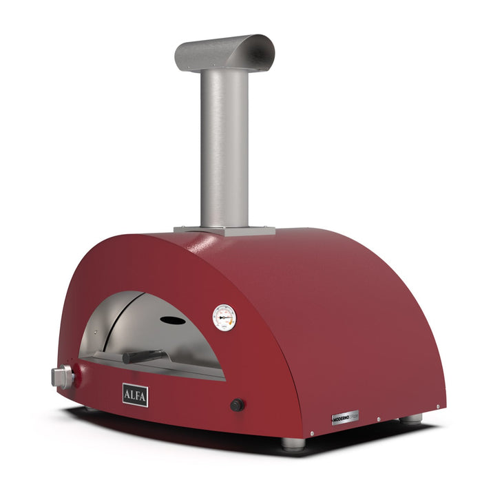 Alfa Forni Moderno 3 Pizze Gas Pizza Oven Antique Red - side view showing door and built-in thermometer