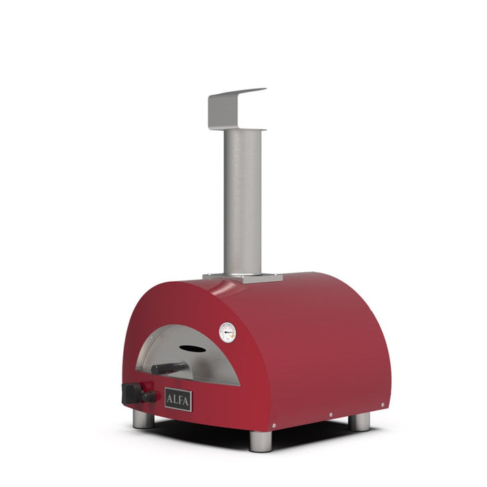 Alfa Forni Moderno Portable Gas Pizza Oven Antique Red - side view showing door and built-in thermometer